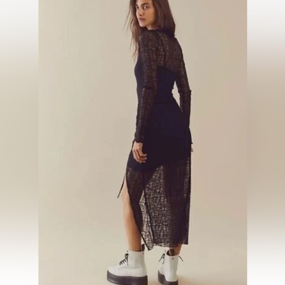 NEW Free People Black Lace Sheer Sabina High Slit Midi Dress - Picture 12 of 12